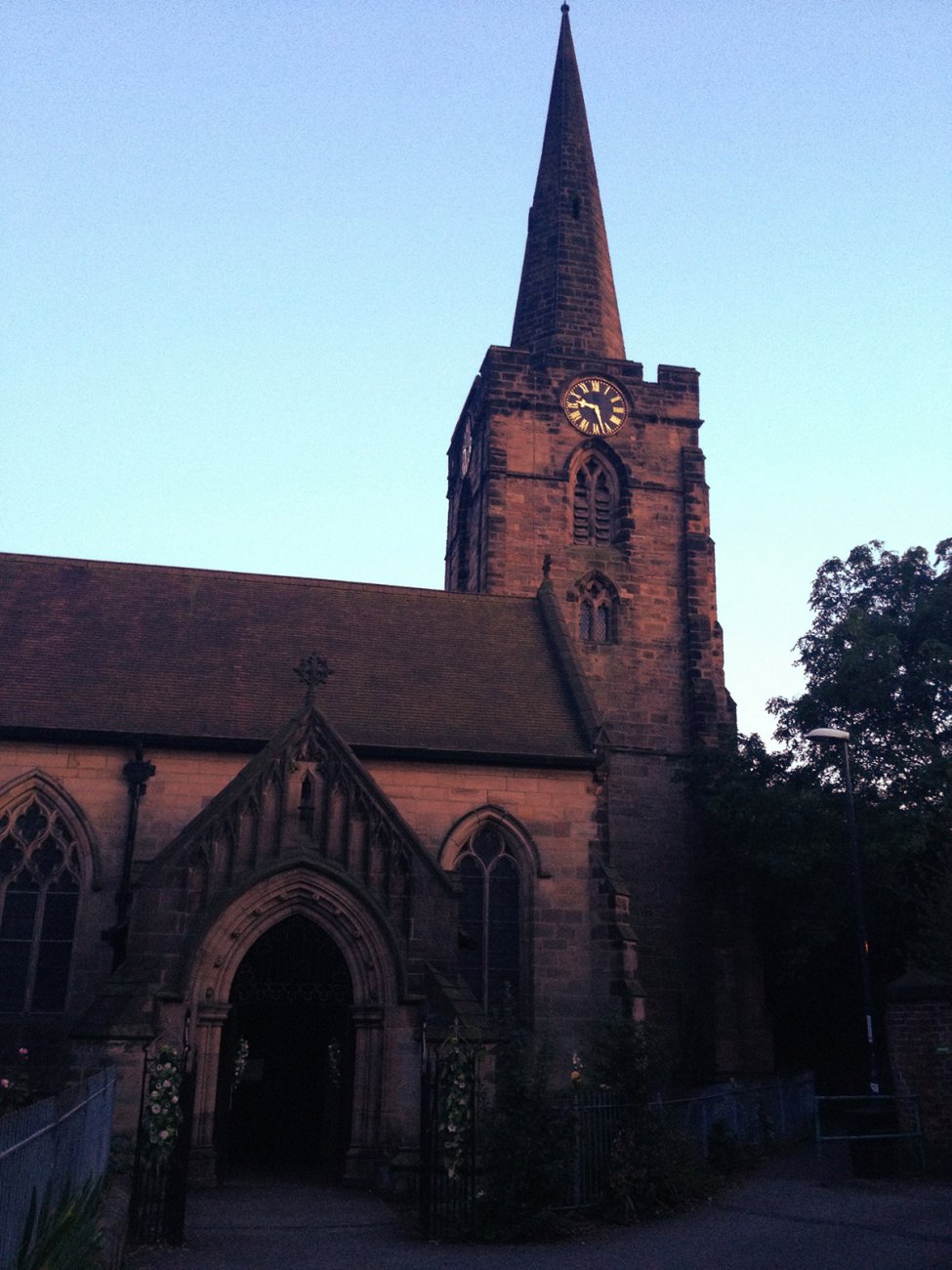 Photograph of St Werburgh's Church at dusk